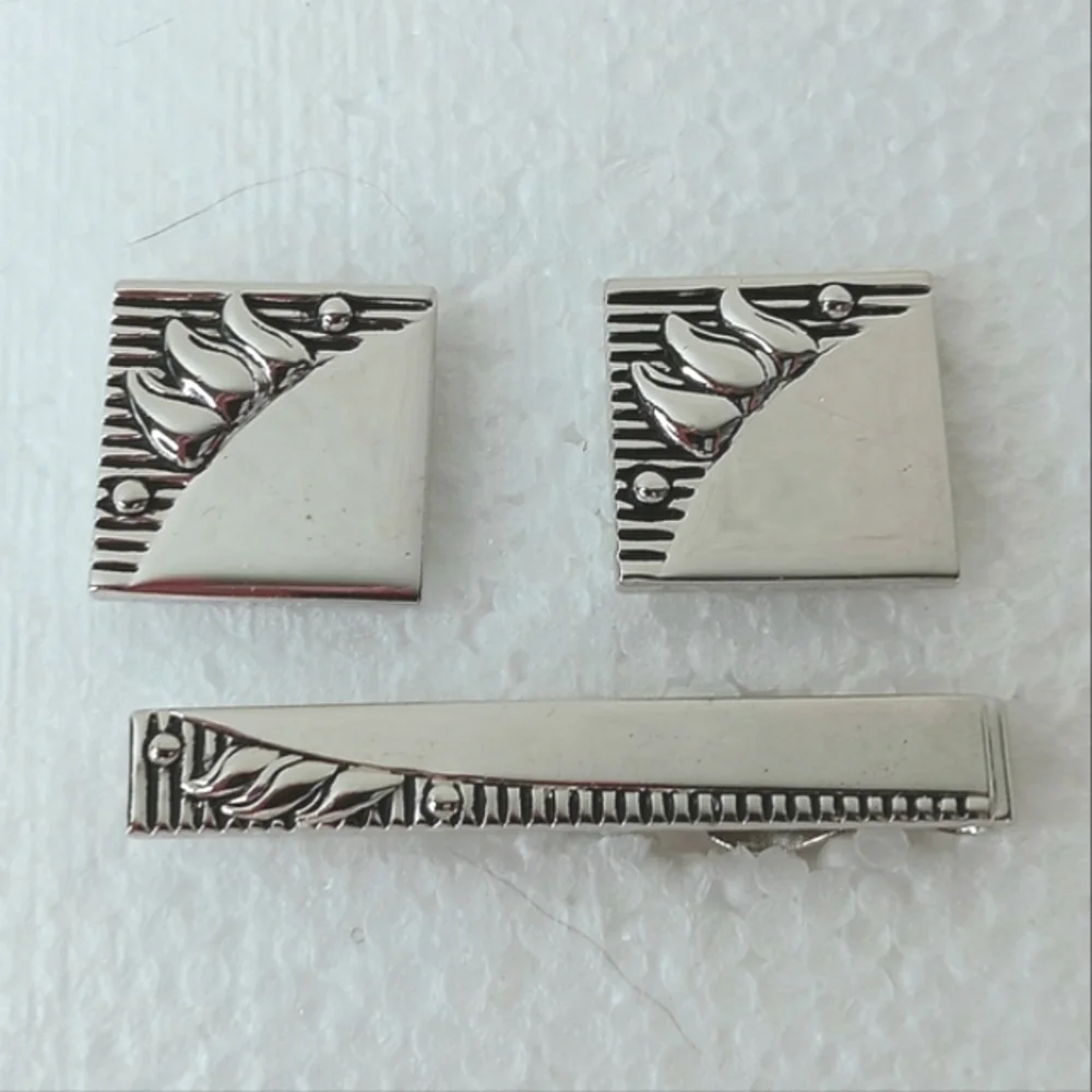 Silver Cufflinks and Tie Clip Set Vintage SWANK Sculpted Graphic Mid-Century
